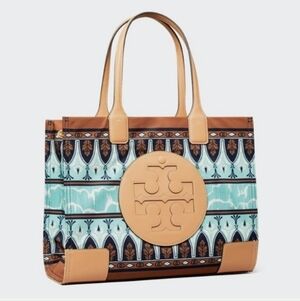 LIKE NEW Tory Burch Large Ella Tote - Tan Trim w/Aqua, Navy, Brown Pattern